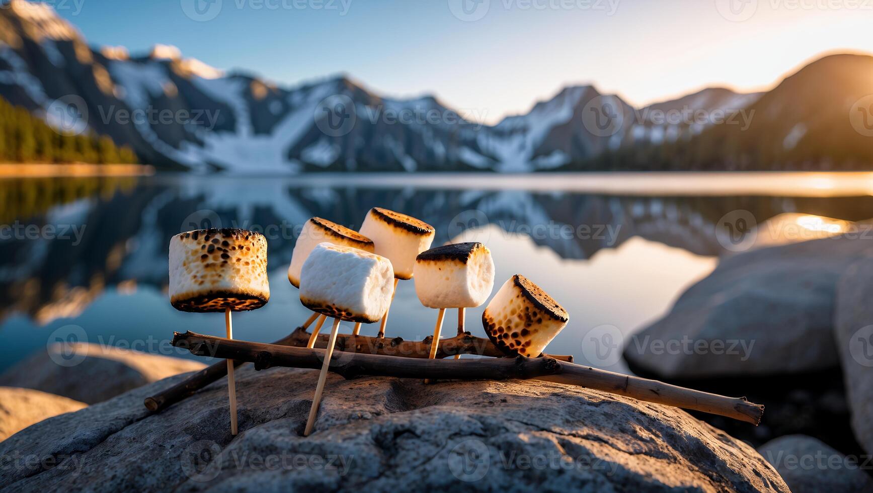 Roasting Marshmallows by Lake with Mountains at Sunset Scene photo