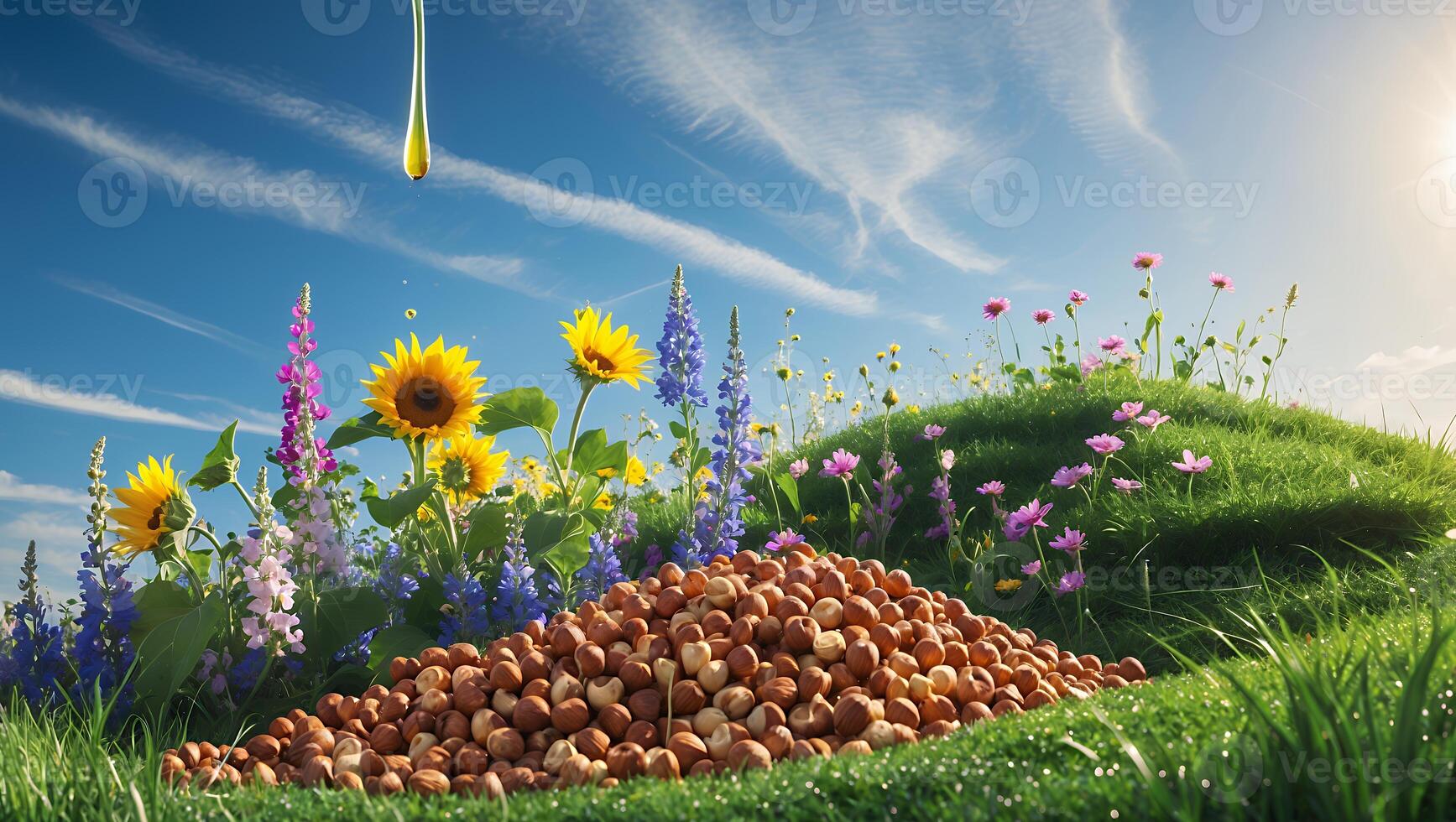 Pile of Hazelnuts Surrounded by Sunflowers and Wildflowers on Hill photo