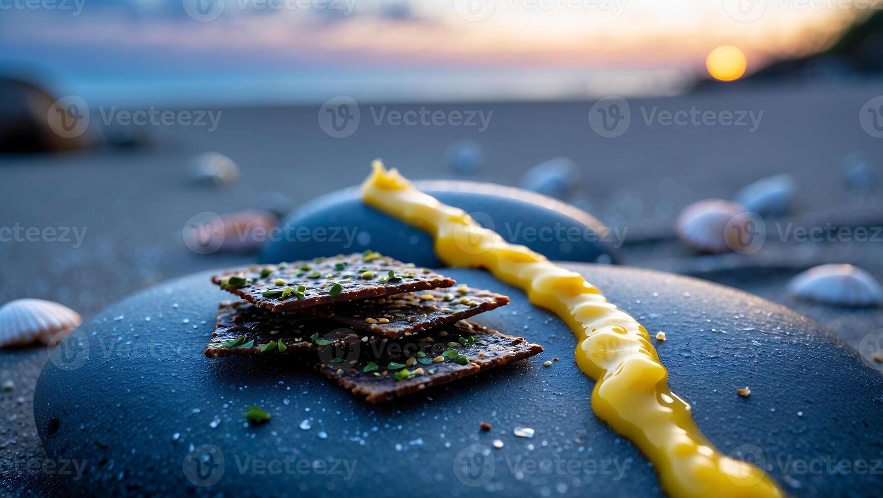 Eating Crackers with Sauce on Beach Stones During Sunset Time photo