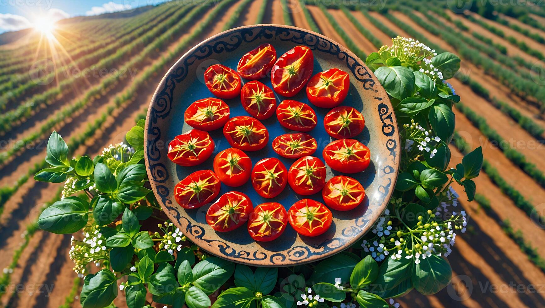 Plate of Cherry Tomatoes in Vineyard Setting with Sunlit Fields photo