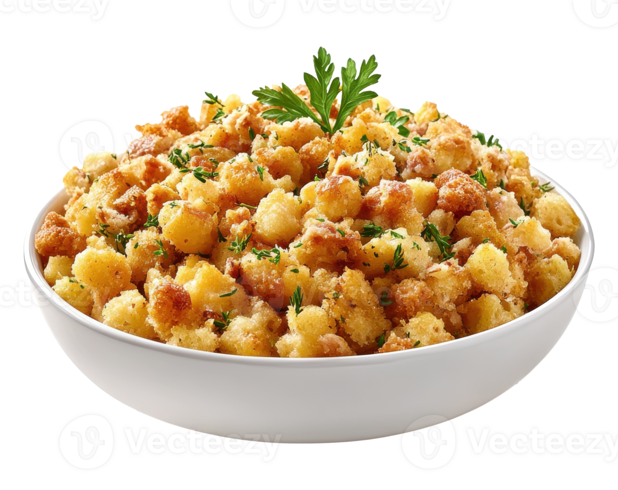Bowl full of stuffing sprinkled with herbs on a transparent background image png