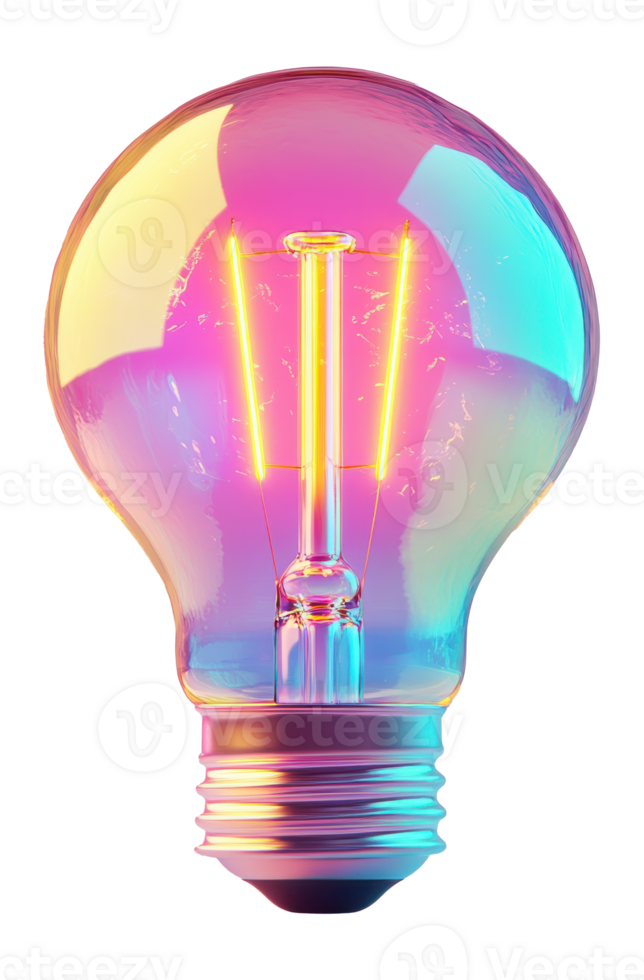 Illuminated Lightbulb Glowing with Iridescent Colors on a Transparent Image png