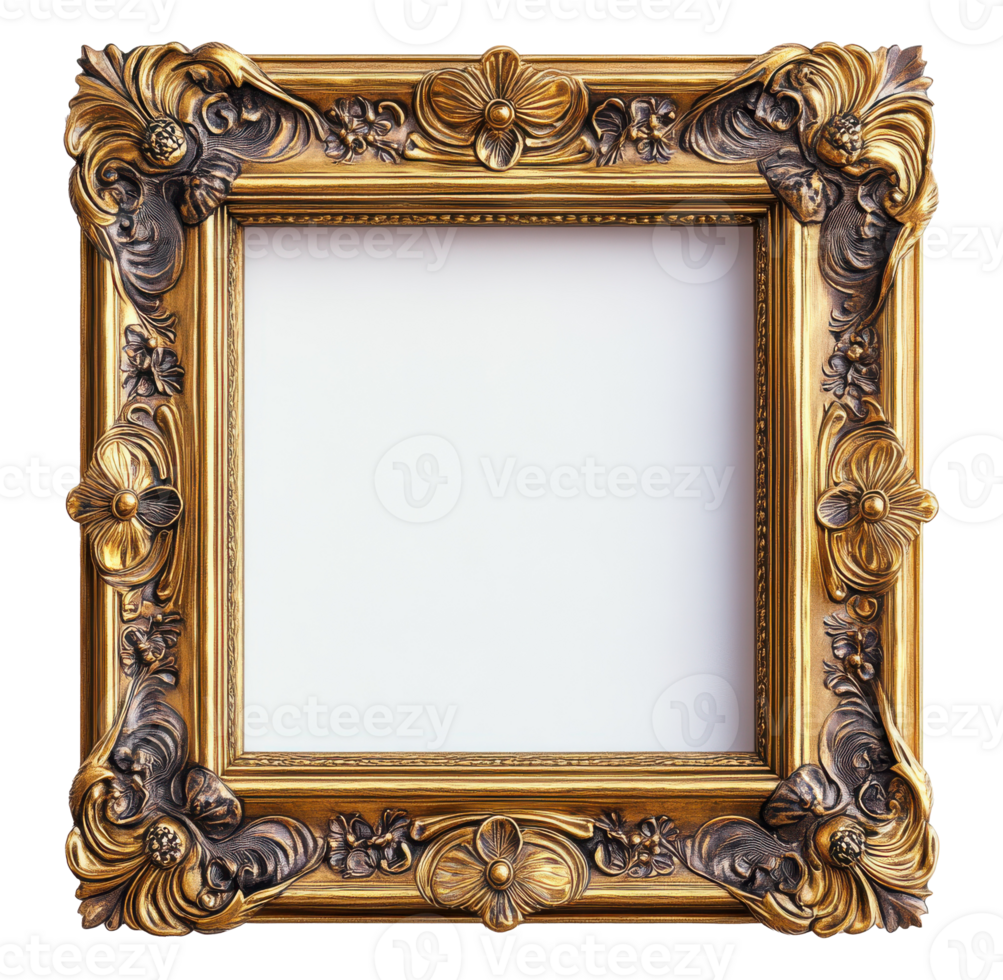 Ornate Gilded Picture Frame with Flower Designs on a Transparent File png