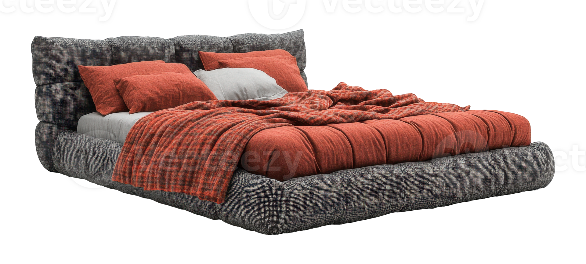 Upholstered Platform Bed with Pillows and Blanket on a Transparent Image png
