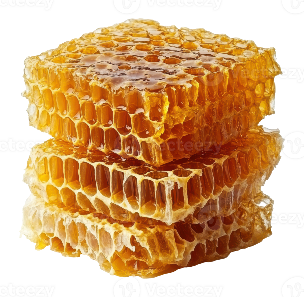 Stack of Honeycombs with Dripping Honey on a Transparent Background Image png