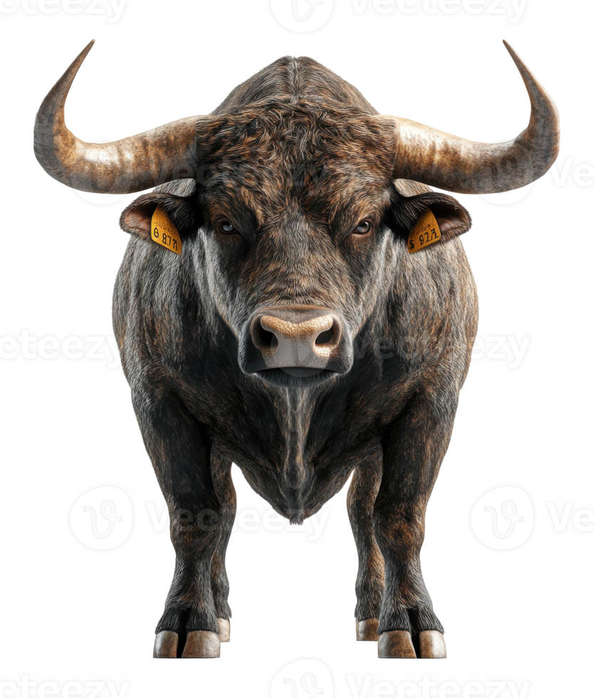 Majestic Bull With Curved Horns and Identification Tags on Transparent Background Image png