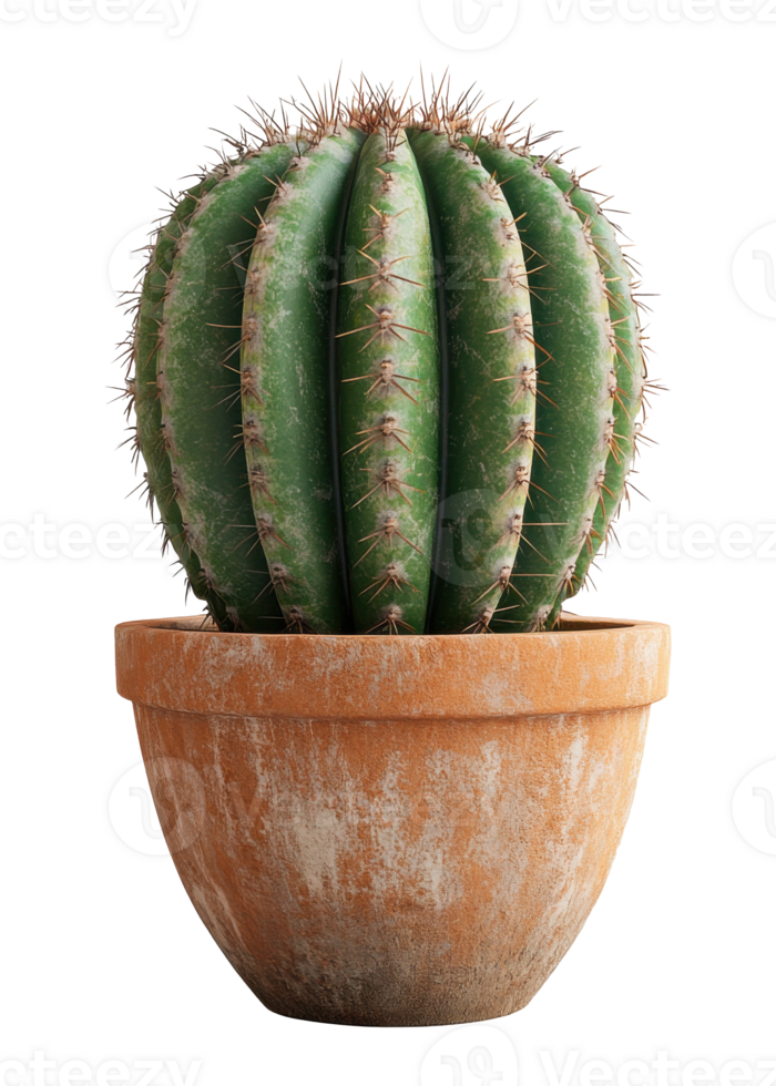 Detailed Image of a Round Barrel Cactus in Clay Pot on Transparent Background png