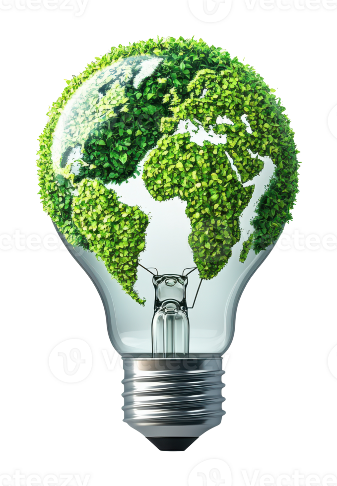 Earth Made of Green Leaves inside a Lightbulb on a Transparent Background Image png