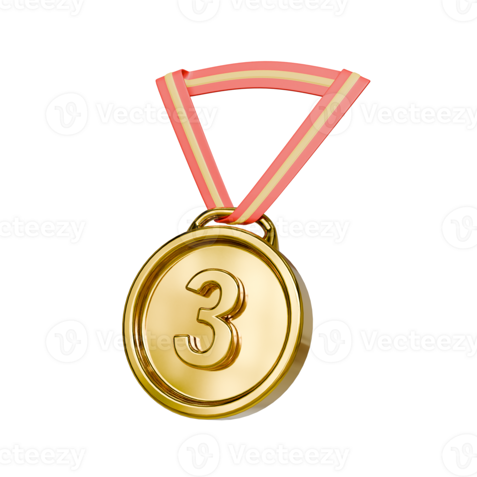 3d gold medal number 3 with red ribbon isolated png