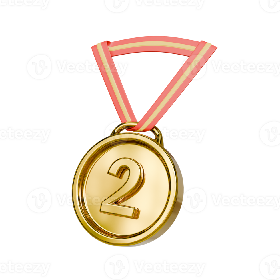 3d gold medal number 2 with red ribbon isolated png