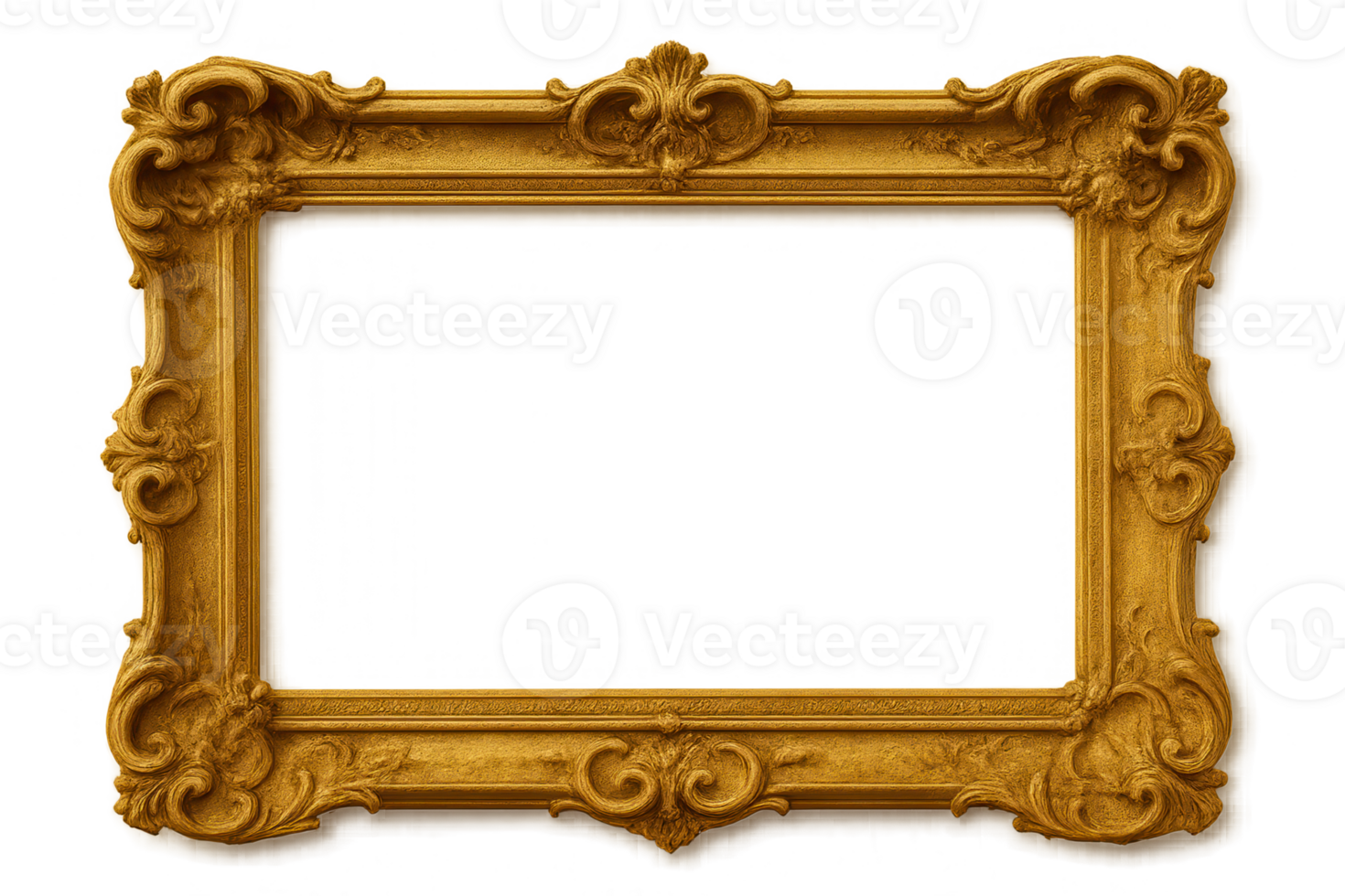 Golden baroque frame with transparent background isolating ornate artwork space png