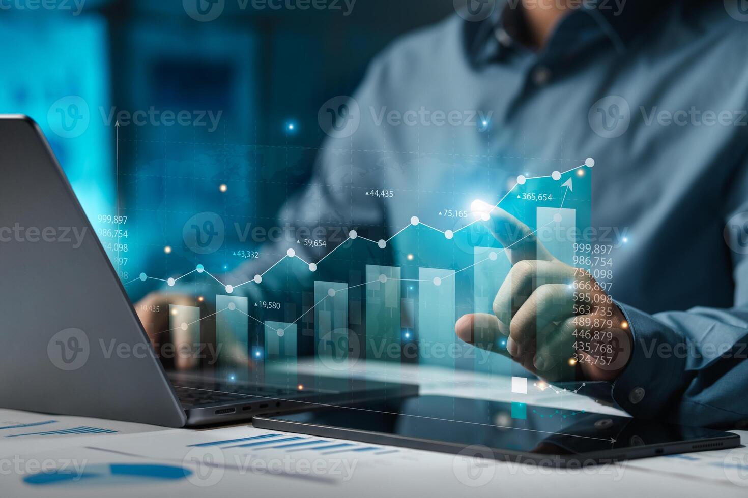 Business finance investment with trading chart in financial concept and stock growth business investment. businessman planing investment with financial report calculation with business growth graph. photo