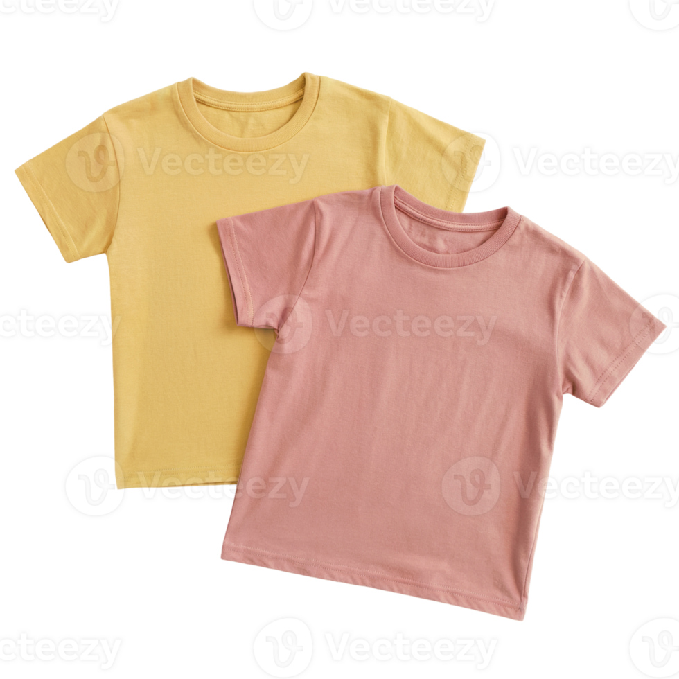 Two kids t shirts yellow and pink isolated on transparent background, png