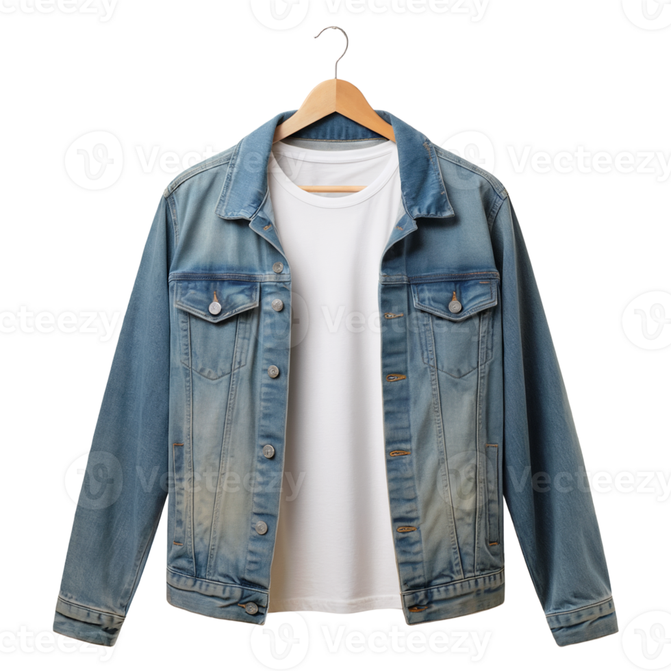 Light blue denim jacket with white t shirt on wooden hanger isolated on transparent background. png
