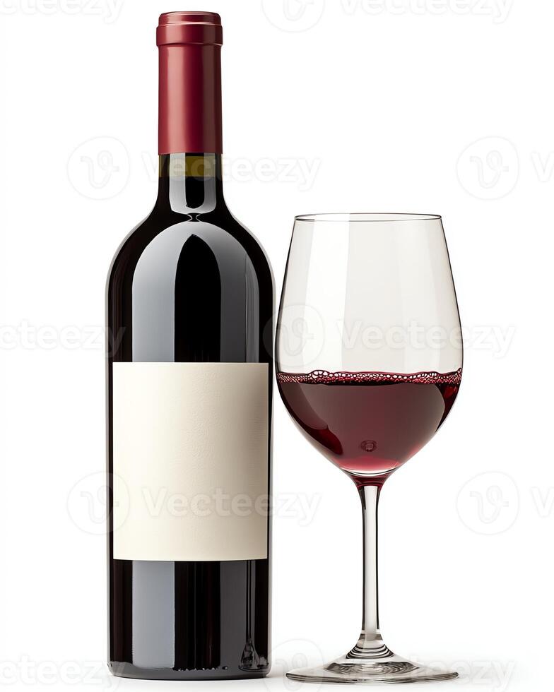 Elegant red wine bottle and glass on display. photo