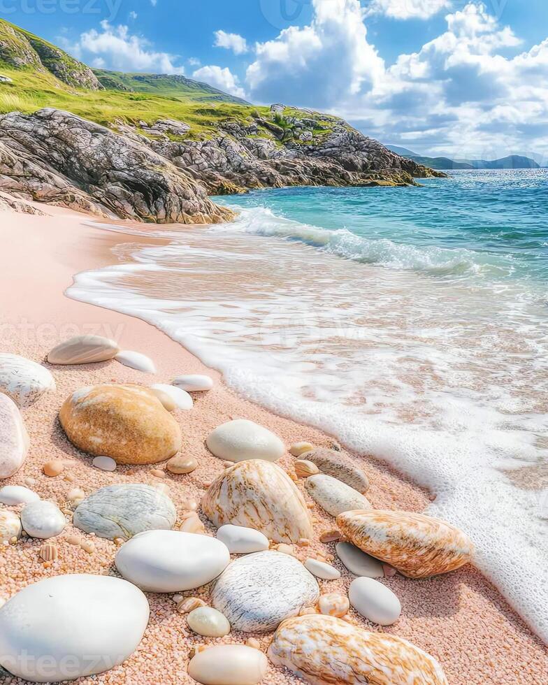 Serene beach scene with smooth pebbles, gentle waves, and lush green hills under a bright blue sky. photo
