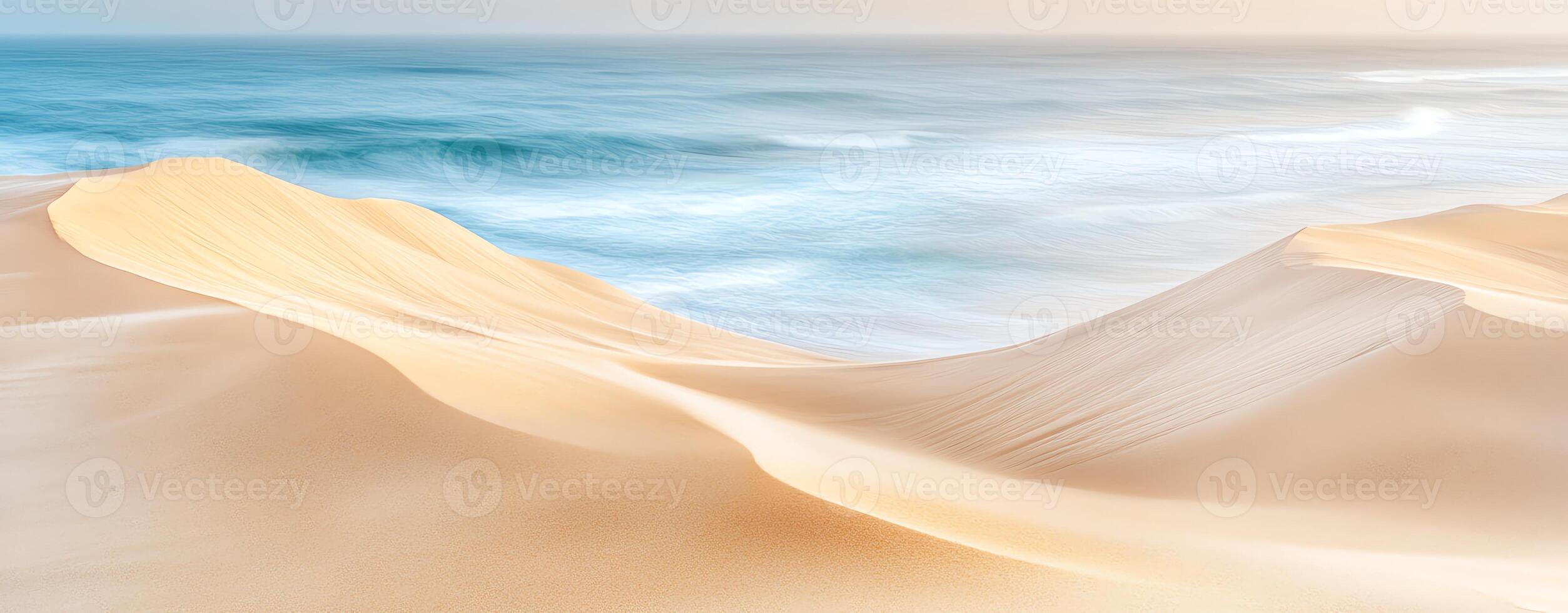 Serene beach landscape with gentle waves and soft sand dunes illuminated by the warm light of dawn. photo