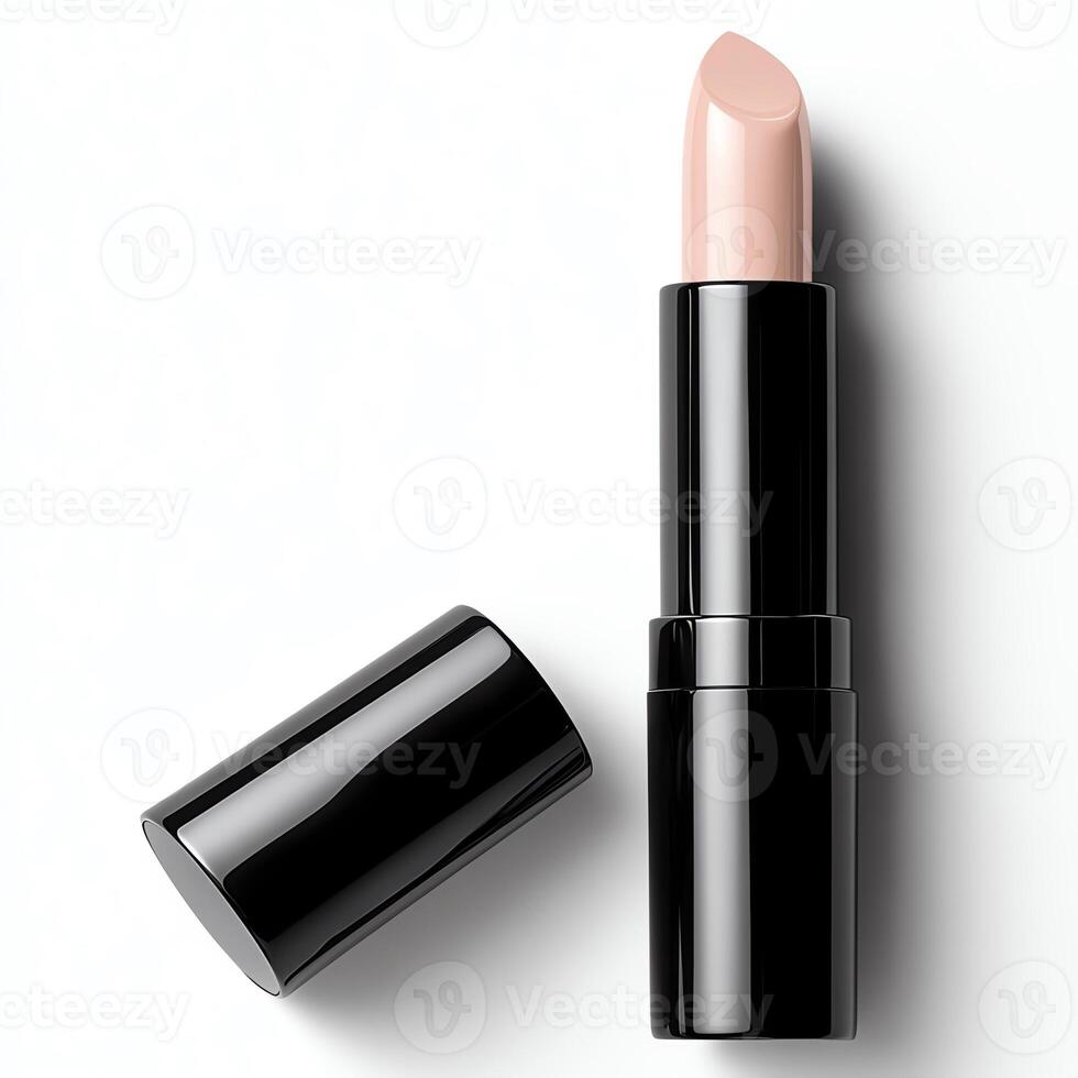 A sleek, nude lipstick tube with the lid off, showcasing a smooth, creamy shade perfect for everyday wear. photo