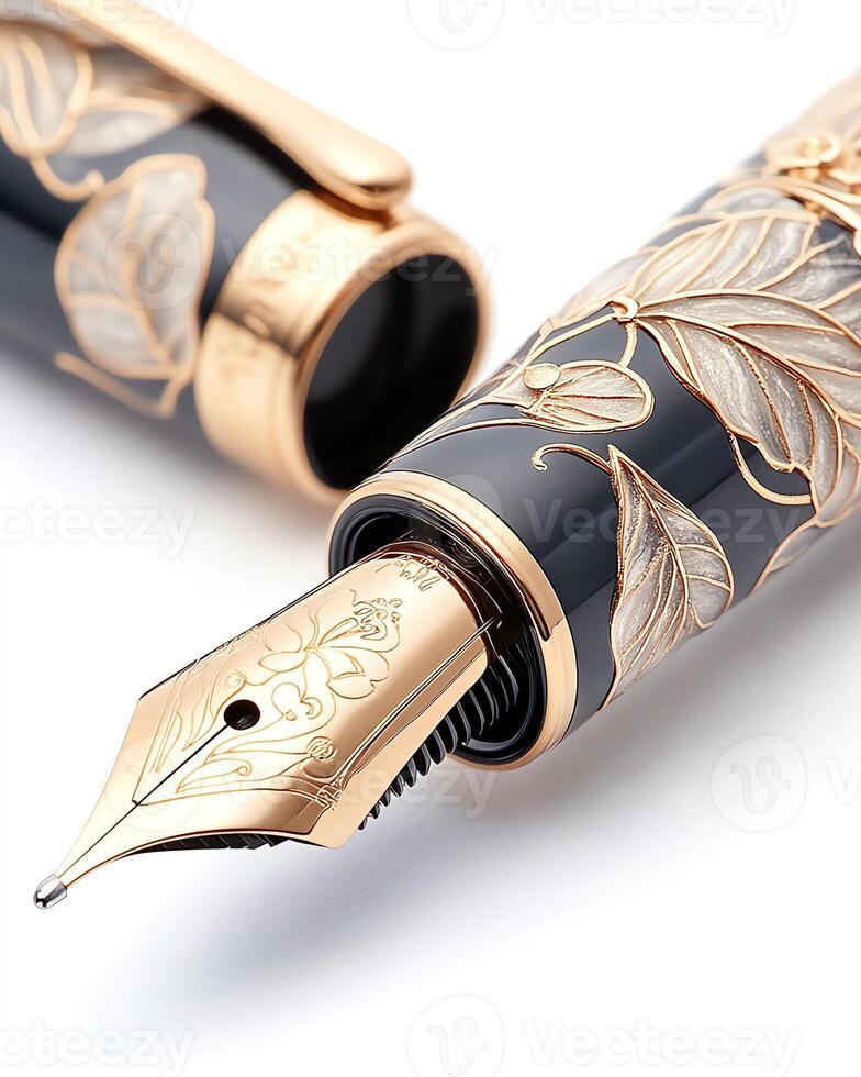 Elegant fountain pen with intricate floral design, showcasing luxury and craftsmanship for writing enthusiasts. photo