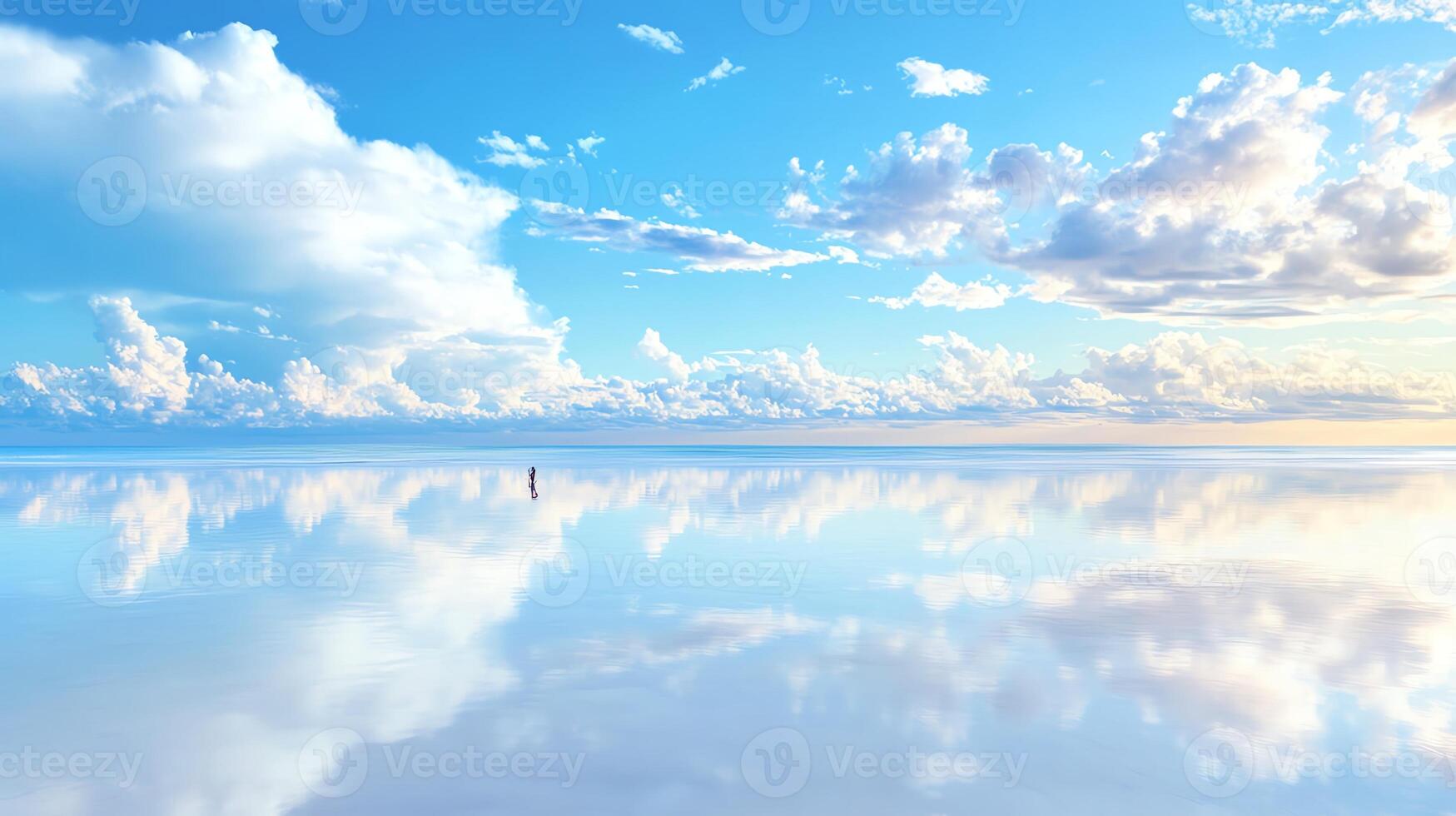 A breathtaking view of cloud reflections over a serene body of water under a clear blue sky. photo