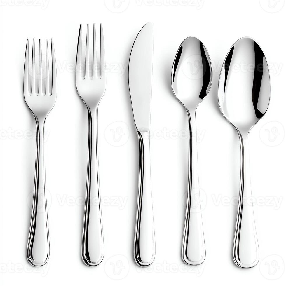 Set of elegant silver cutlery on white background. photo