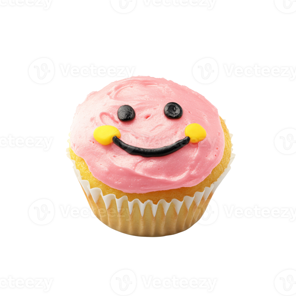 Cute cupcake with pink frosting and a smiling face on a transparent background Concept of sweet treat, dessert, and happy food png