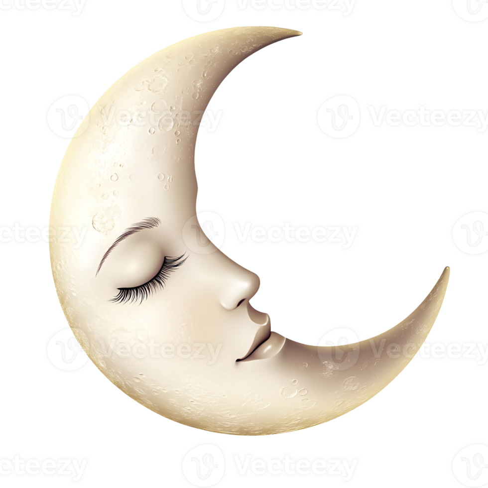 Dreamy crescent moon with a sleeping womans face on a transparent background, symbolizing night, fantasy, and celestial dreams png