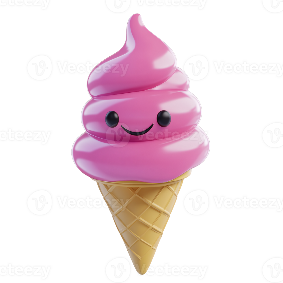 Cute pink ice cream cone character with a happy smile on a transparent background Concept of summer, dessert, sweetness and childhood png