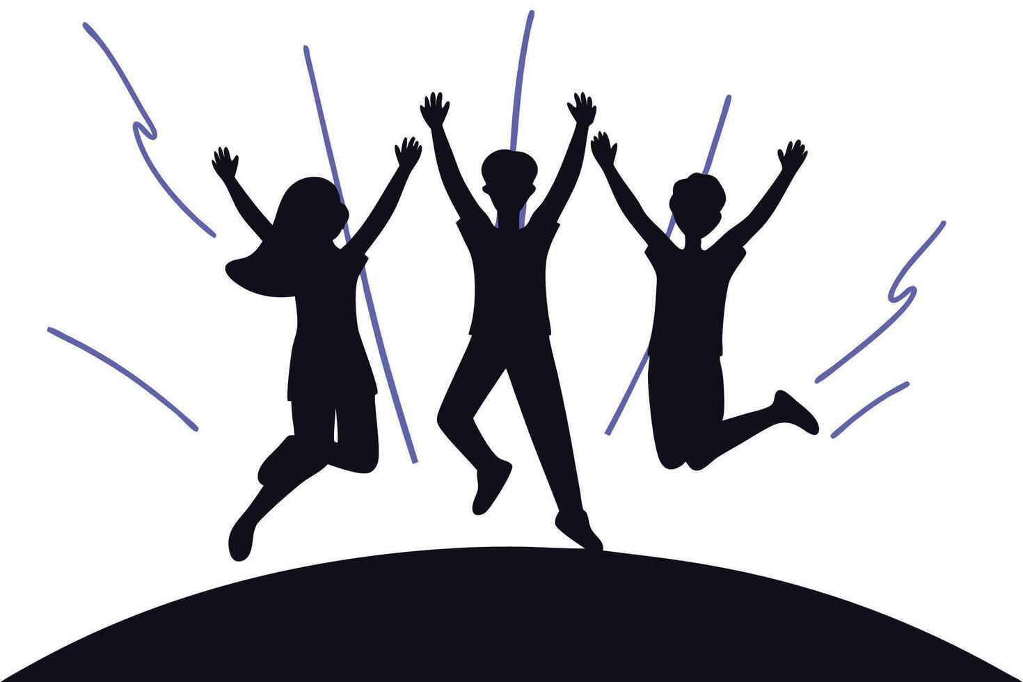Silhouettes of joyful young adults leaping dynamically against a colorful background vector