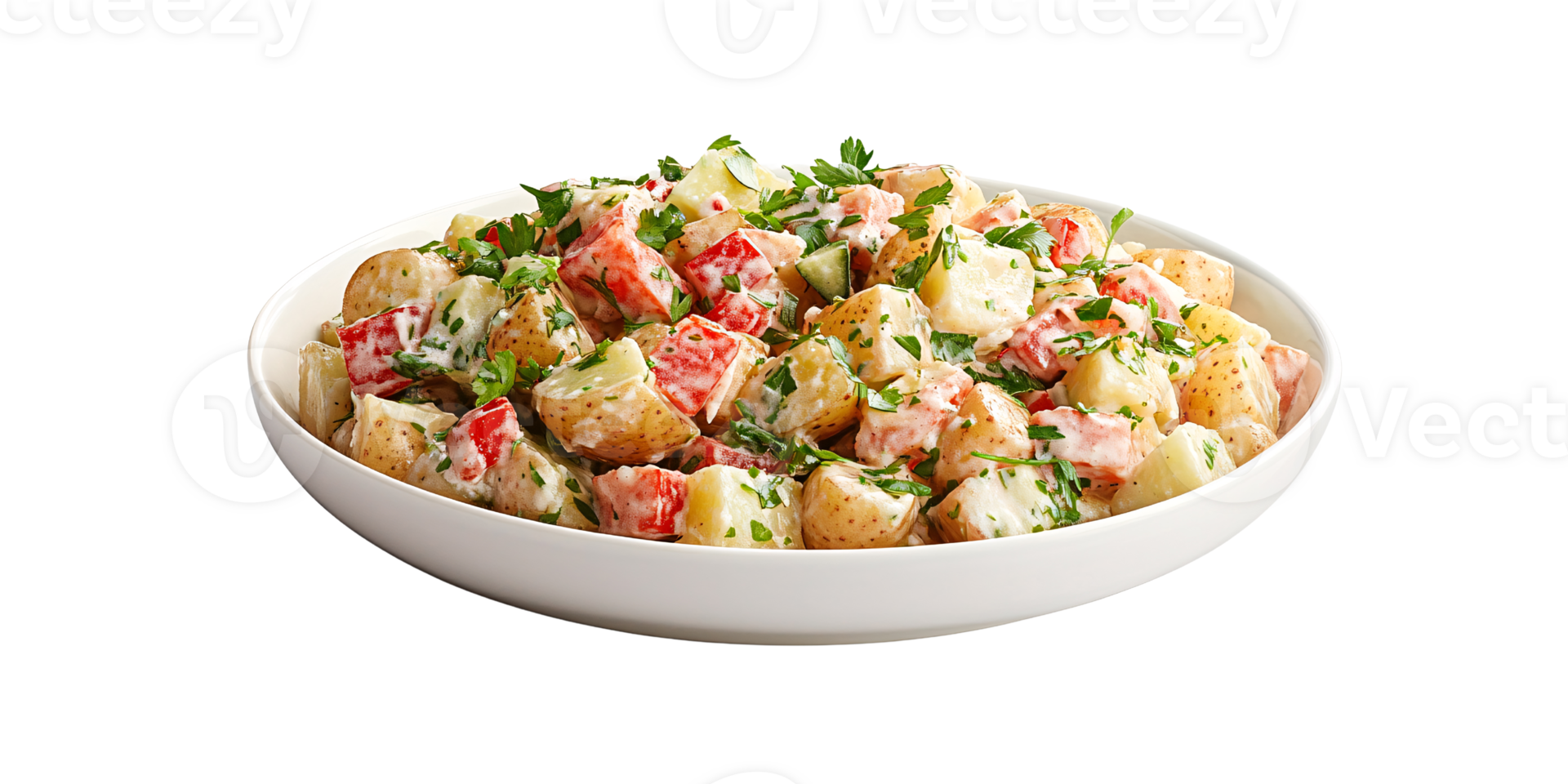 Creamy potato salad with red bell pepper and fresh parsley in a white bowl Delicious homemade side dish concept for summer picnic or barbecue png