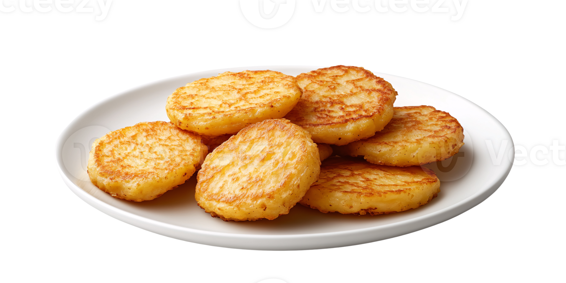Golden crispy hash browns on a white plate, delicious breakfast food, perfect for brunch or side dish Concept of comfort food, indulgence, and tasty snack png