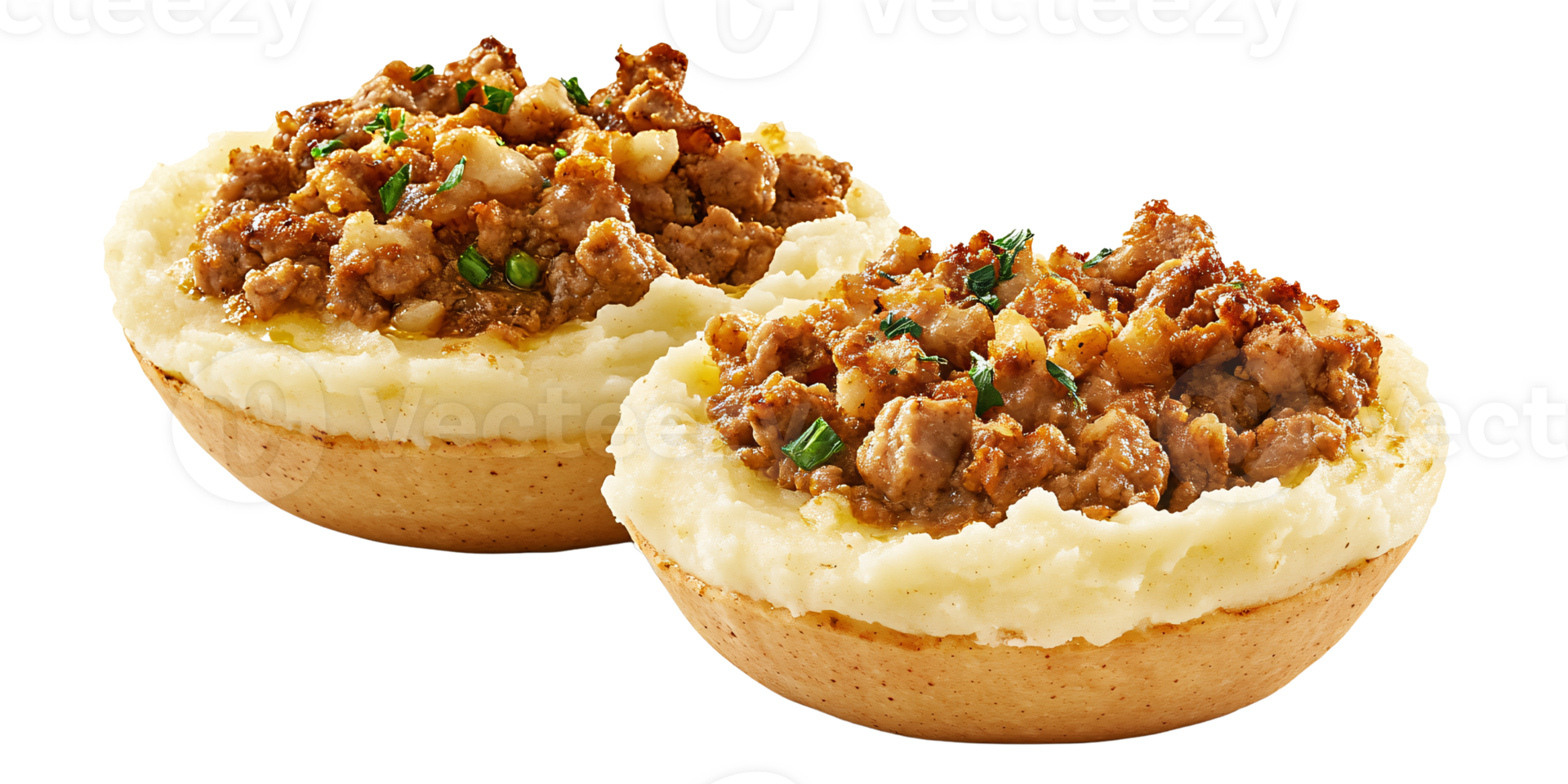 Two halves of baked potato filled with seasoned ground meat and garnished with chives on a transparent background Concept of comfort food, hearty meal, and delicious cuisine png