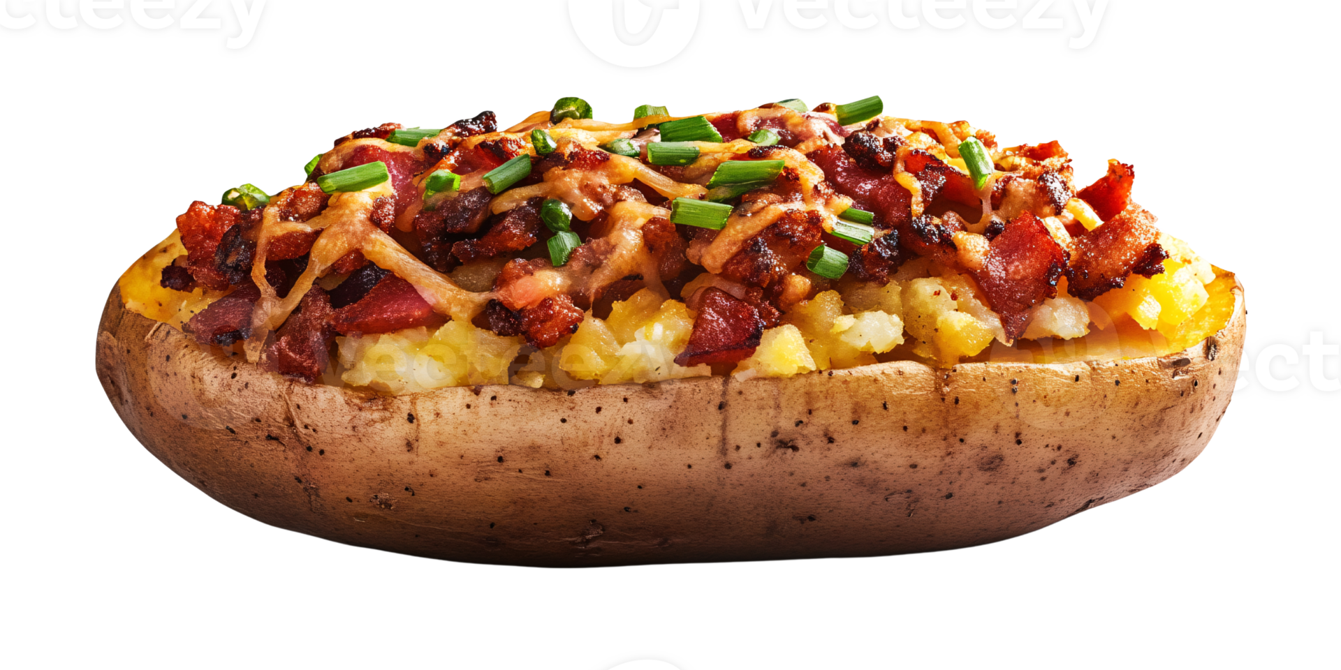 Delicious baked potato with crispy bacon, melted cheese, and fresh chives on a black background Gourmet loaded potato concept for restaurant menu and food photography png