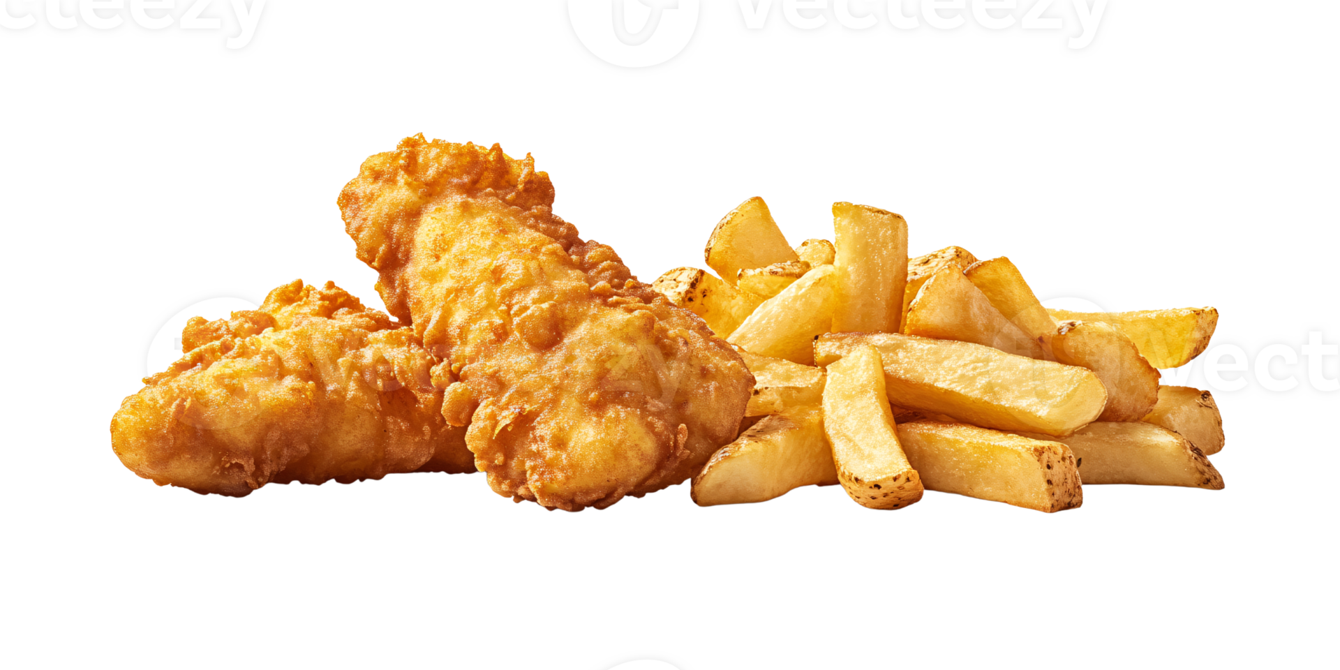Crispy golden fried fish and chips on a transparent background, classic fast food meal, perfect for takeout menus and food photography png