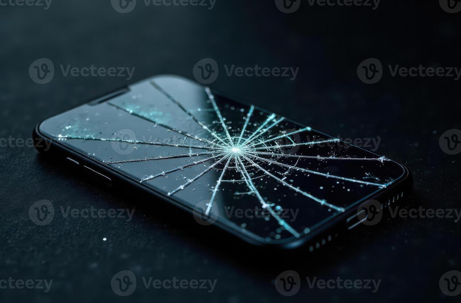 Cracked smartphone screen on dark surface, technology mishap and device damage photo