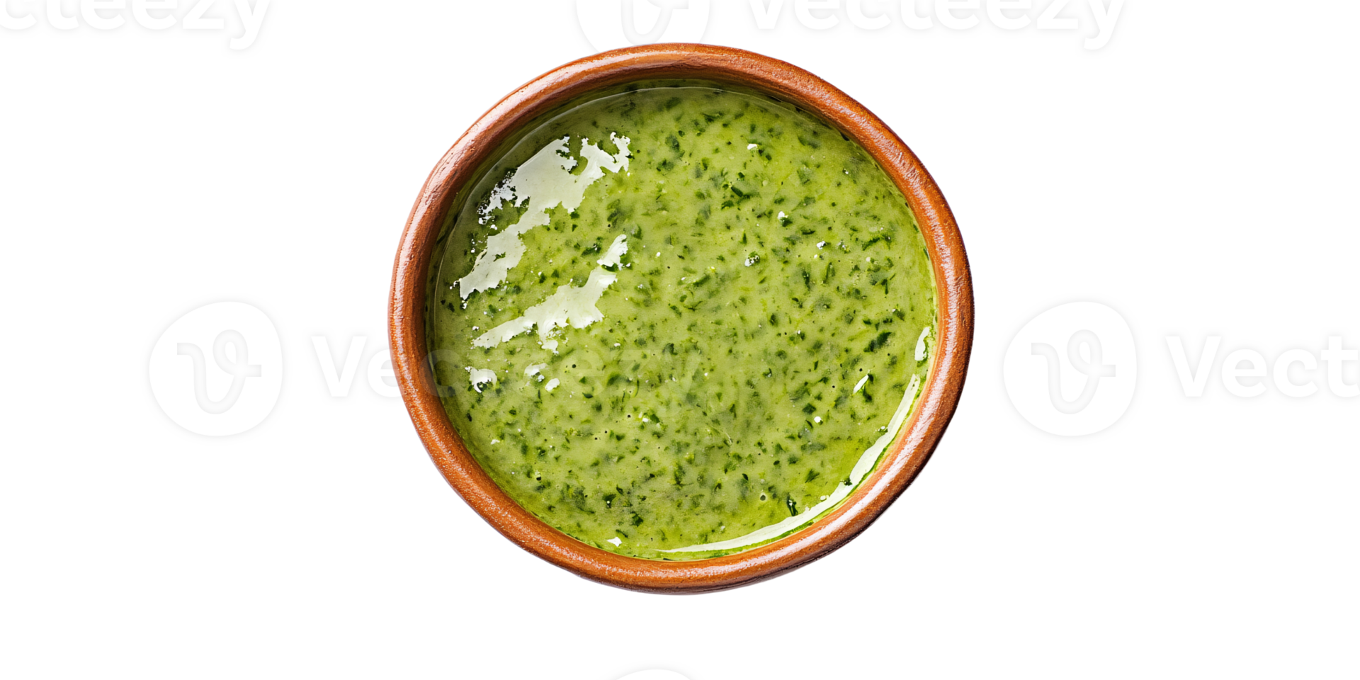 Overhead shot of vibrant green chimichurri sauce in rustic bowl, showcasing fresh herbs and olive oil Concept of gourmet condiment, healthy eating, and Argentinian cuisine png