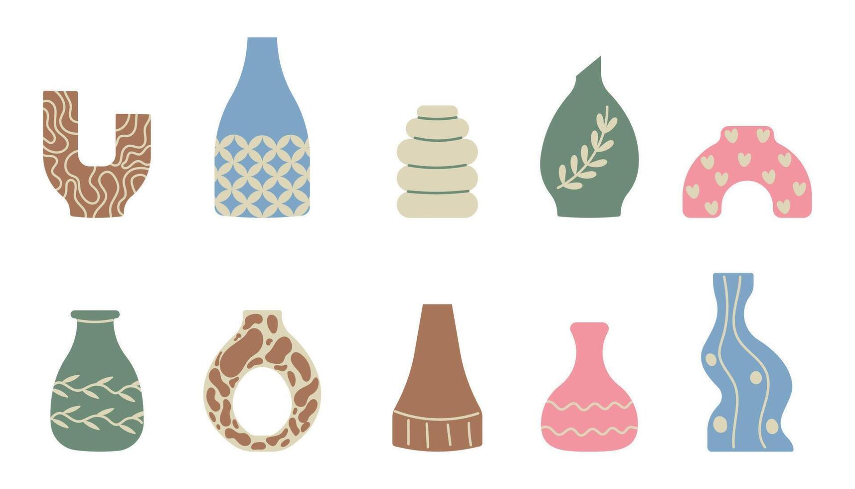 Set of hand drawn colorful vases or pots and jugs for flowers, dried flowers. vector