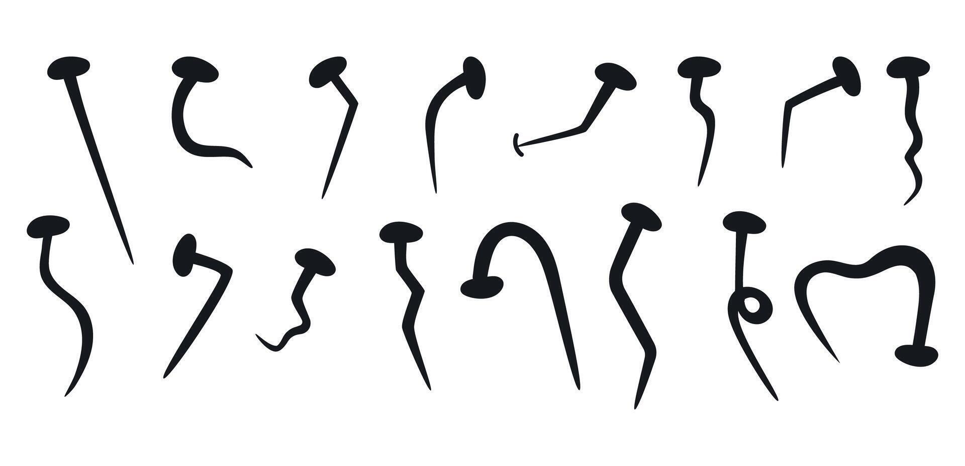 Curved nails. Iron curved nails, carpentry work, connecting elements of industrial tool vector