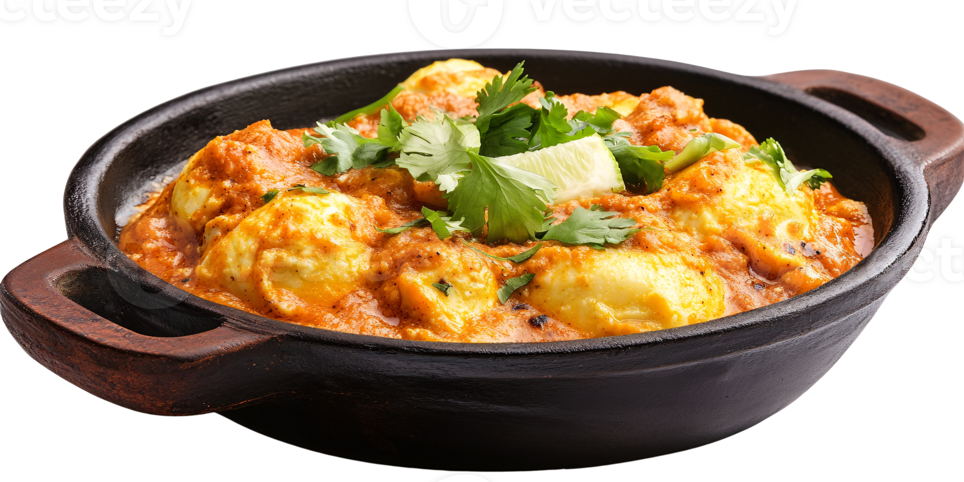 Delicious Egg Curry in a Cast Iron Bowl Garnished with Cilantro and Lime Authentic Indian Cuisine, Spicy and Flavorful png