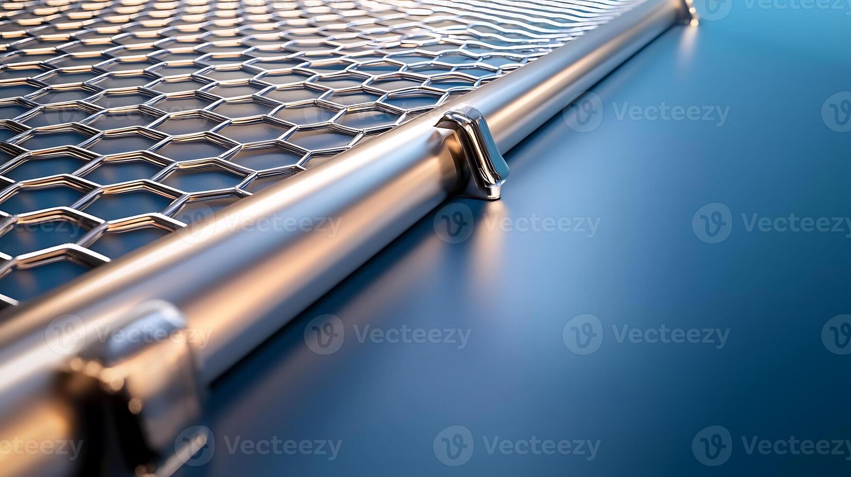 Close-up view of a metallic hexagonal mesh structure reflecting light on a smooth surface photo