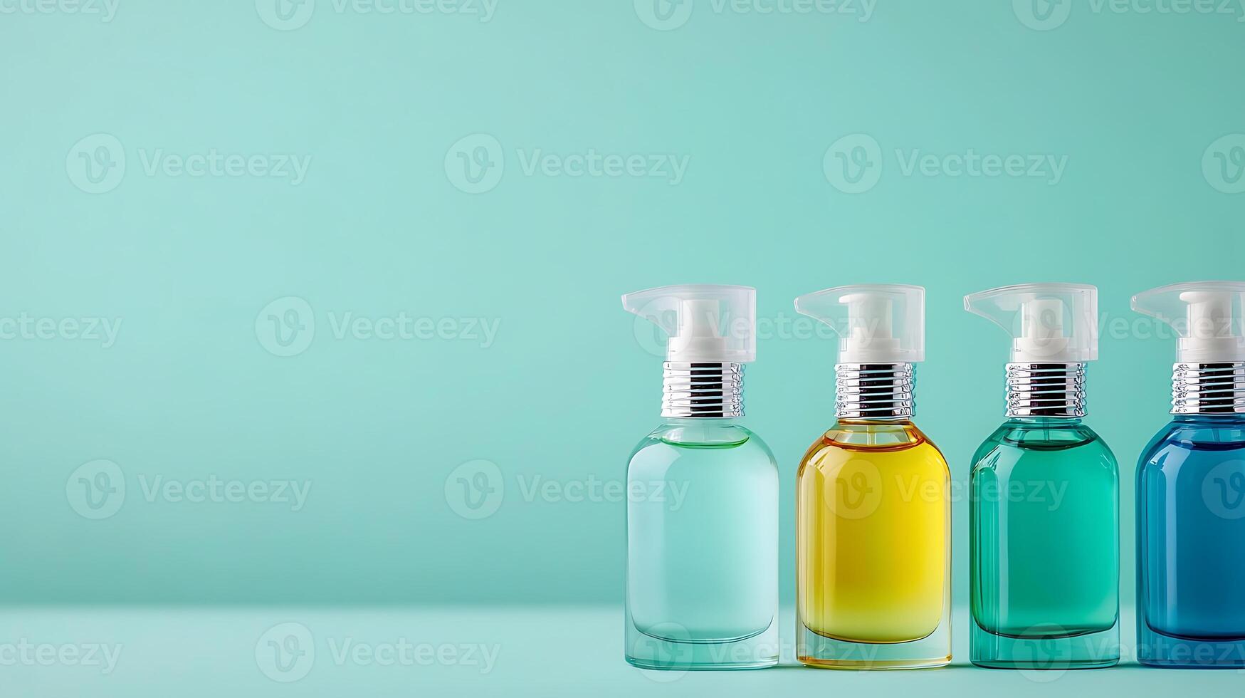 Four colorful bottles of liquid soap arranged on a mint green background, showcasing vibrant hues photo