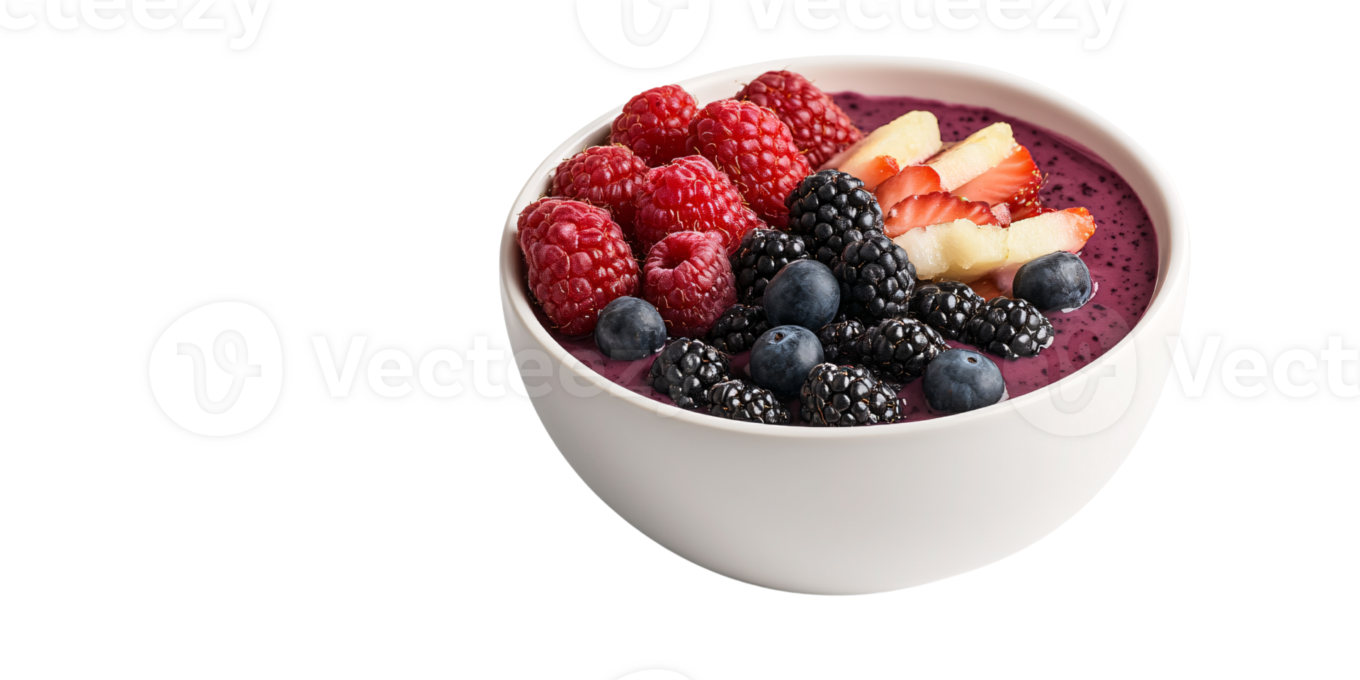 Delicious and colorful smoothie bowl with fresh raspberries, blueberries, blackberries, strawberries and banana slices in a white bowl Concept of healthy eating, dieting and lifestyle png