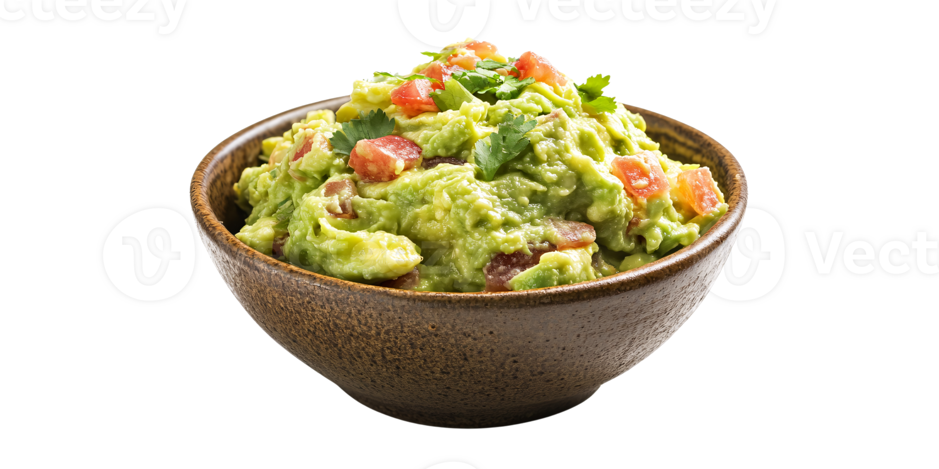 Creamy guacamole dip with fresh tomatoes and cilantro in a rustic bowl Delicious and healthy avocado appetizer or snack for Cinco de Mayo celebration png