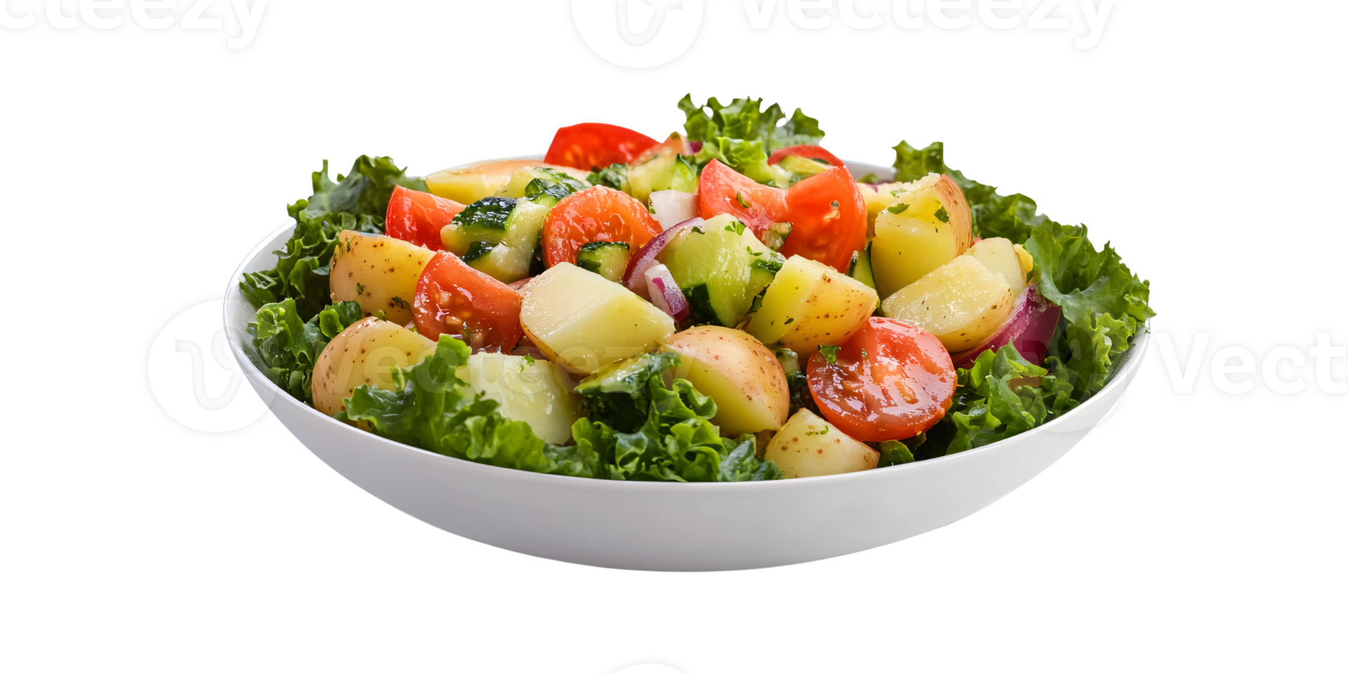 Fresh and colorful potato salad with tomatoes, cucumbers, and red onion in a white bowl Concept of healthy eating, summer picnic, and vegetarian cuisine png