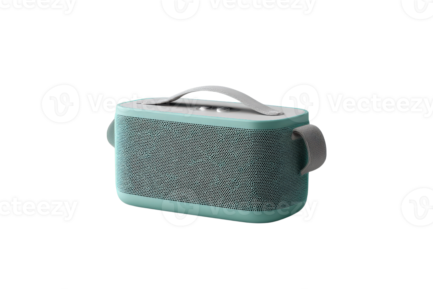 Portable Bluetooth speaker in mint green and gray with carrying handle, isolated on black background Concept of audio, music, and modern technology png