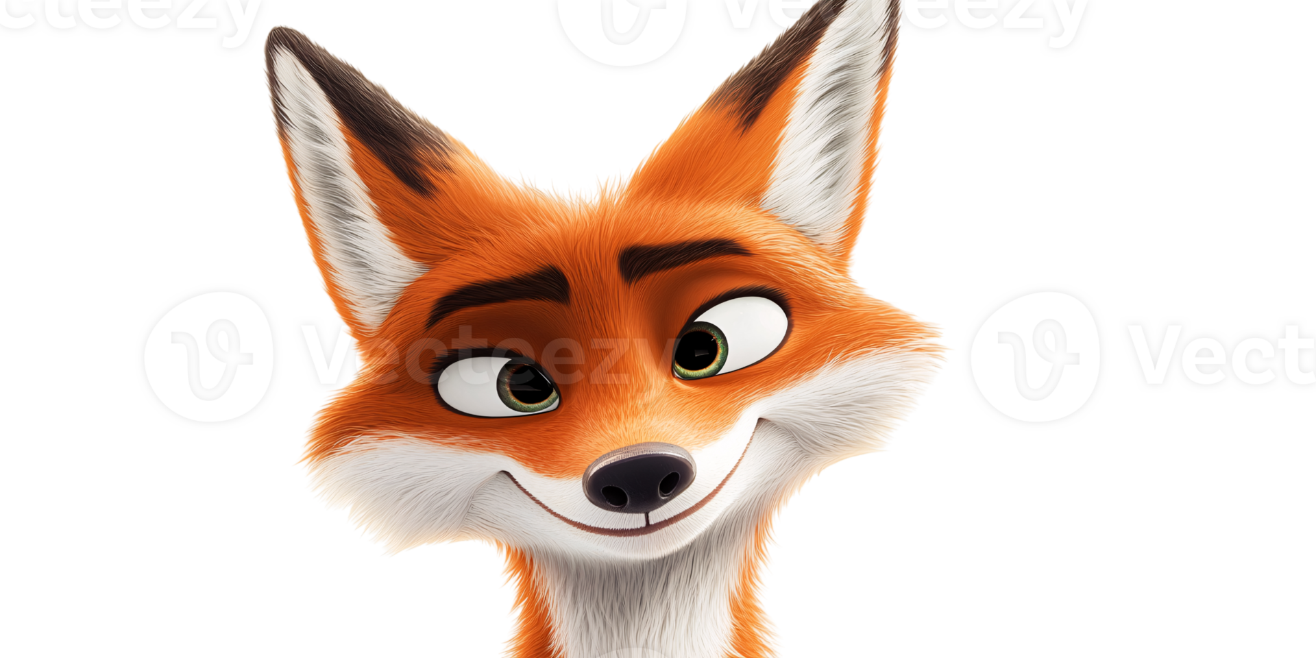 Cartoon fox with sly smile, cunning expression, and orange fur Animated character portrait with mischievous look Concept of animation, cunning, and slyness png