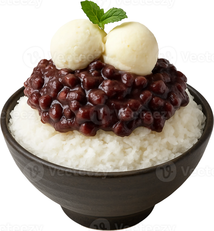 A bowl of rice topped with black beans and ice cream png