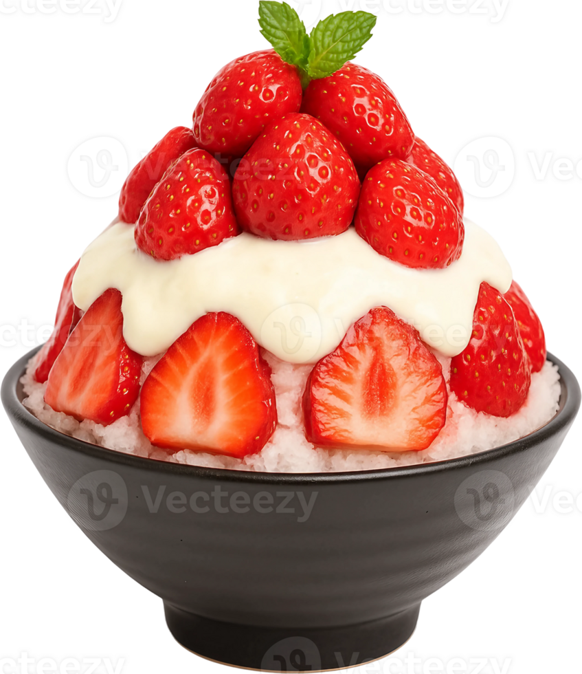 A bowl of strawberries and cream in a black bowl png