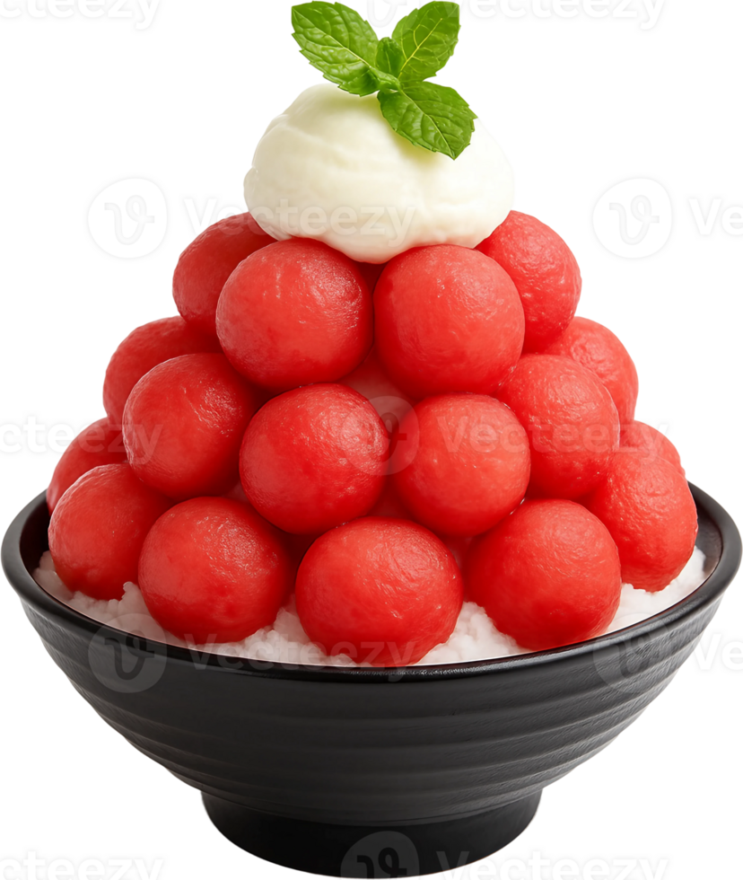 A bowl of watermelon with cream and mint png