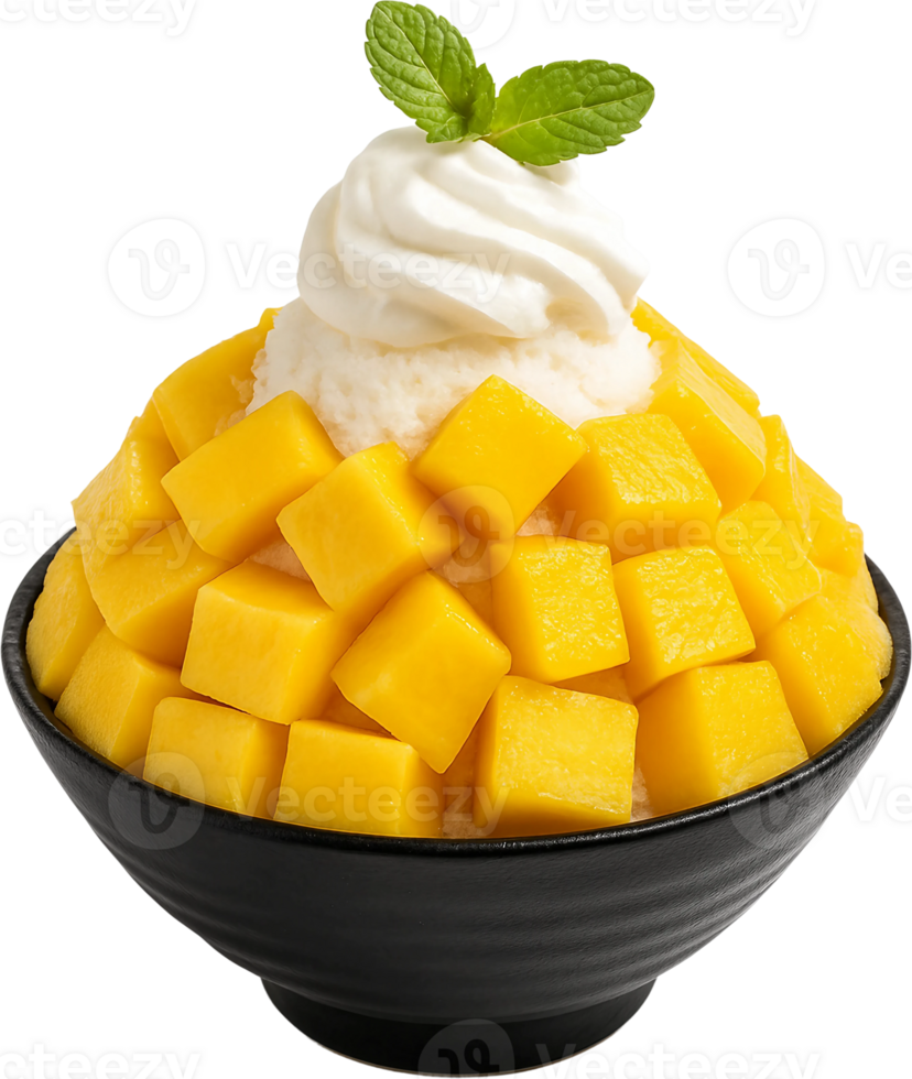 A bowl of mangoes with whipped cream and mint png